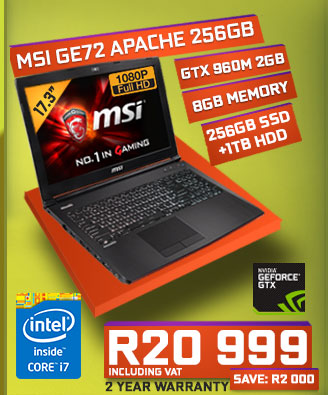 MSI GE72 core i7 laptop deal with 256GB SSD