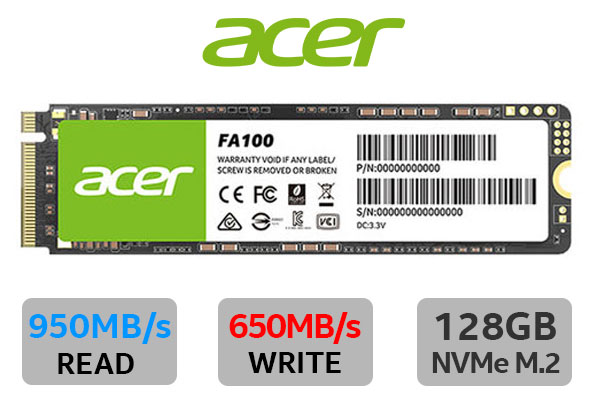 ACER FA100 128GB M.2 PCIe 3 x 4 NVMe 3D NAND Internal Solid State Drive (SSD) / Maximum Read Speed 950 MB/s / Maximum Write Speed 650 MB/s / BL.9BWWA.117