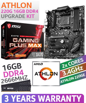 AMD Athlon 220GE X470 Gaming Plus MAX 16GB DDR4 Upgrade Kit - MSI X470 Gaming Plus MAX ATX Ryzen Motherboard + AMD Athlon 220GE Dual Core AM4 3.4GHz CPU + KLEVV 16GB 2666MHz DDR4 Desktop Memory