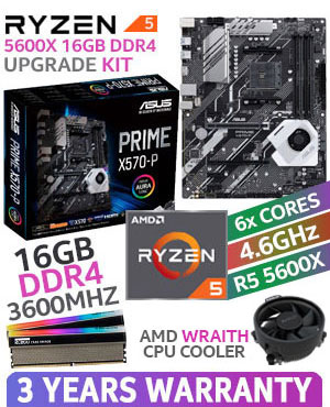 AMD RYZEN 5 5600X Prime X570-P 16GB RGB 3600MHz Upgrade Kit - ASUS Prime X570-P Ryzen Motherboard + AMD RYZEN 5 5600X 35MB GameCache Up to 4.6GHz CPU + KLEVV CRAS XR RGB 16GB (2 x 8GB) 3600MHz DDR4 Desktop Memory