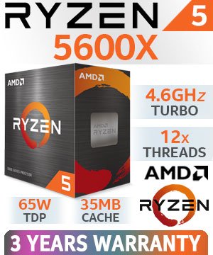 AMD Ryzen 5 5600X 6-Core 12-Threads 3.7GHz (4.6GHz Max Boost) Socket AM4 65W Desktop Processor / 35MB GameCache / 3rd Gen AMD Ryzen Desktop Processor / Wraith Stealth CPU Cooler Included / <span style="color: red;" >Descrete Graphics Required</span> / 100-100000065BOX