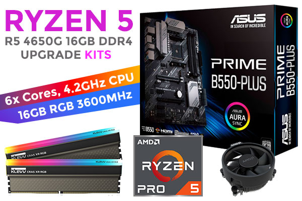 AMD RYZEN 5 PRO 4650G PRIME B550-PLUS 16GB RGB 3600MHz Upgrade Kit - ASUS PRIME B550-PLUS AMD Ryzen ATX Motherboard + AMD RYZEN 5 PRO 4650G 11MB CACHE Up to 4.2GHz CPU (OEM) + KLEVV CRAS XR RGB 16GB (2 x 8GB) 3600MHz DDR4 Desktop Memory