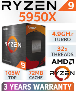 AMD Ryzen 9 5950X 16-Core 32-Threads 3.4GHz (4.9GHz Max Boost) Socket AM4 105W Desktop Processor / 72MB GameCache / 3rd Gen AMD Ryzen Desktop Processor / <span style="color: red;" >Descrete Graphics Required</span> / 100-100000059WOF