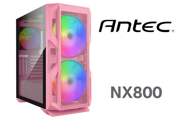 Antec NX800 Tempered Glass Gaming Case - Pink / Motherboard Sync Connector / Supports up to 6 Fans / CPU Cooler Support: Up To 180 mm / PSU Support: Up To 200 mm / LED Control Button / 0-761345-81083-8