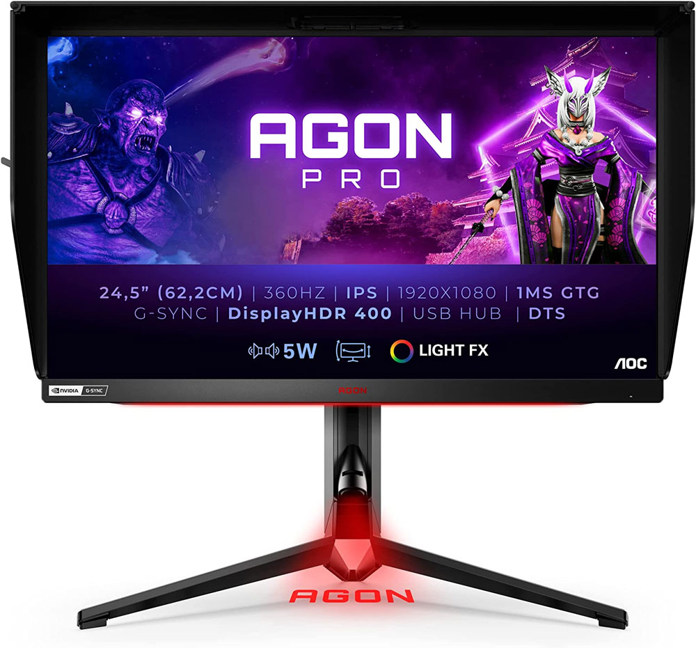AOC Agon PRO AG254FG 25 Tournament Gaming Monitor, FHD 1920x1080, 360Hz,  1ms, DisplayHDR 400, G-SYNC + Reflex, Console Ready, Light FX, Low Input