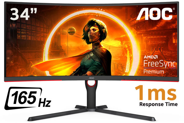 AOC CU34G3S 34" UltraWide QHD (3440 x 1440) Free-Sync curved Gaming Monitor / 165Hz Refresh Rate / Rapid 1ms response Time / Freesync Premium Technology / 3-Side Frameless Design / Height Adjustable Stand / DisplayPort 1.4 x 2 / CU34G3S