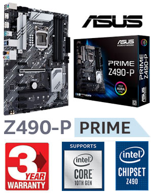 ASUS Prime Z490-P Intel ATX Motherboard / Intel Z490 Chipset / Supports 10th Gen Processors only / LGA 1200 / Supports 2 x M.2 slots and 4 x SATA 6Gb/s ports / USB 3.2 Gen 2 / Supports AMD 2-Way CrossFireX™ Technology / 90MB12V0-M0EAY0