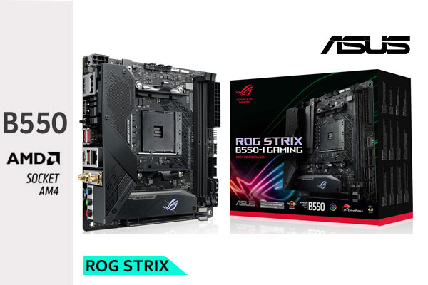 ASUS ROG Strix B550-I Gaming AMD Ryzen Mini ITX Motherboard / 3rd Gen AMD Ryzen Processors / AMD Socket AM4 / AMD B550 Chipset / Supports 2 x M.2 slots and 4 x SATA 6Gb/s Ports / AI Networking / 1 x HDMI 2.1 / 1 x DisplayPort 1.4 / 90MB14L0-M0EAY0