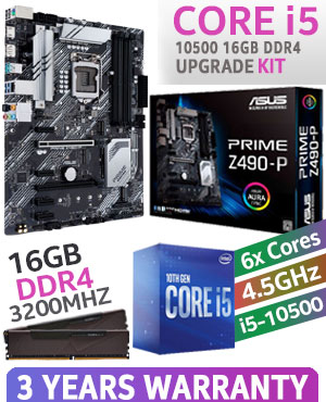 Intel 10th Gen Core i5 10500 16GB DDR4 Upgrade Kit - ASUS Prime Z490-P LGA 1200 Intel Motherboard + Intel 10th Gen Core i5 10500 Up to 4.5GHz CPU + KLEVV BOLT X 16GB 3200MHz DDR4 Gaming Memory