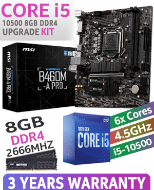 Intel 10th Gen Core i5 10500 8GB DDR4 Upgrade Kit - MSI B460M-A PRO LGA 1200 Intel Motherboard + Intel 10th Gen Core i5 10500 Up to 4.5GHz CPU + KLEVV 8GB (1x 8GB) 2666MHz DDR4 Gaming Memory