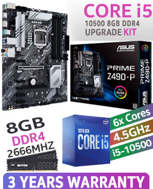 Intel 10th Gen Core i5 10500 8GB DDR4 Upgrade Kit - ASUS Prime Z490-P LGA 1200 Intel Motherboard + Intel 10th Gen Core i5 10500 Up to 4.5GHz CPU + KLEVV 8GB (1x 8GB) 2666MHz DDR4 Gaming Memory