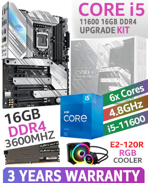 Intel 11th Gen Core i5 11600 16GB 3600MHz Upgrade Kit - ASUS ROG Strix Z590-A Gaming Wi-Fi Intel ATX Motherboard + Intel 11th Gen Core i5 11600 Up to 4.8GHz CPU (OEM) + KLEVV BOLT XR 16GB (16GB x 1) 3600MHz Memory + Gamdias Chione E2-120R AIO CPU Liquidd