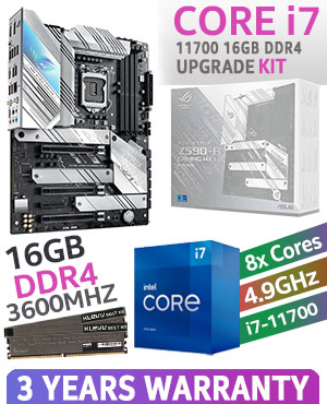 Intel 11th Gen Core i7 11700 16GB 3600MHz Upgrade Kit - ASUS ROG Strix Z590-A Gaming Wi-Fi Intel ATX Motherboard + Intel 11th Gen Core i7 11700 Up to 4.9GHz CPU + KLEVV BOLT XR 16GB (16GB x 1) 3600MHz Memory