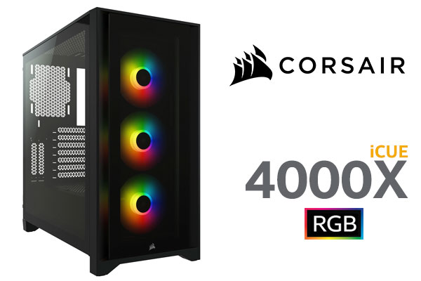 CORSAIR iCUE 4000X RGB Tempered Glass Mid-Tower Case - Black / RapidRoute Cable Management / Three Included 120mm RGB Fans / Fits up to 6x 120mm or 4x 140mm Cooling Fans / Fits up to 2x SSDs and 2x HDDs / Modern Front Panel I/O / CC-9011204-WW