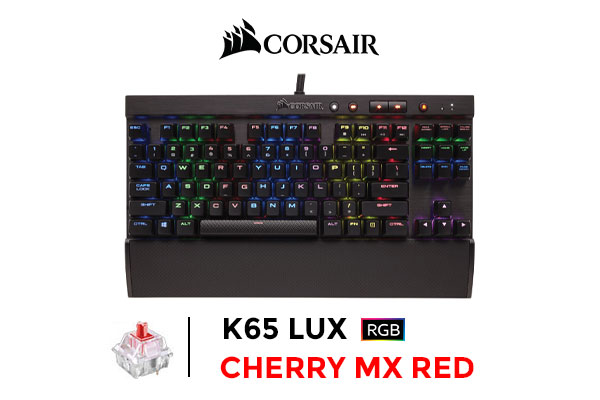 Corsair K65 LUX Cherry MX Red RGB Compact Mechanical Gaming Keyboard / Short Body Design / Comfortable Full-Size Keyboard / 104 Keys With Anti-Ghosting / FPS And MOBA Keycap Sets / Soft-Touch Wrist Rest / CH-9110010