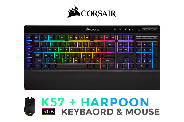Corsair Keyboard and Mouse Wireless Gaming Bundle / K57 RGB Gaming Keyboard / Harpoon RGB Gaming Mouse / Vivid Per-Key RGB Backlighting / Six Dedicated Macro Keys / Advance Optical Sensor With 10,000 DPI / Six Fully Programmable Buttons / Extensive Battery Life / CH-925C115-NA