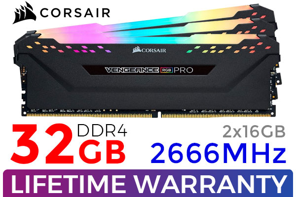 Corsair Vengeance RGB PRO 32GB (2 x 16GB) 2666MHz DDR4 Memory - Black / Dynamic Multi-Zone / Speed Rating PC4-21300 / Voltage 1.2V / Anodized Aluminum Heat Spreader / CMW32GX4M2A2666C16