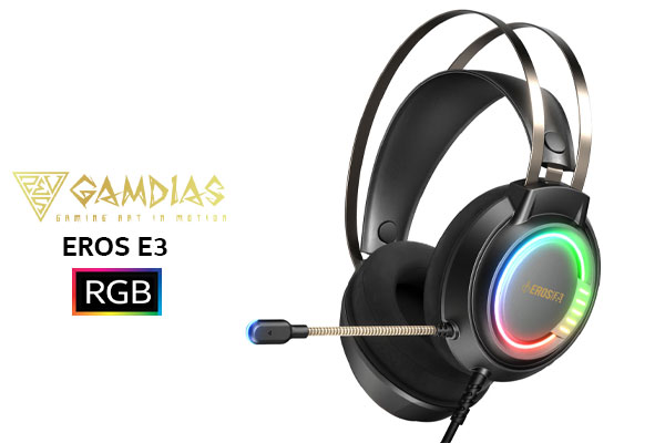 Gamdias EROS E3 Stereo RGB Gaming Headset / Exclusive RGB Streaming Effect / Exquisite Earcup Facade Design / Extra-Sized Ergonomic Earcup Layout / Large 50mm Speakers / Pliable Unidirectional Microphone Unit / EROS-E3