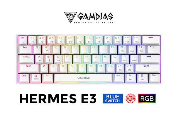 Gamdias Hermes E3 RGB Mechanical Gaming Keyboard - White / Blue Switches /  16.8 million RGB Backlighting / N-key Rollover & Anti-Ghosting Functionality / Compact in Size & Easily Portable / LED Adjustment Hotkeys / HERMES-E3-White