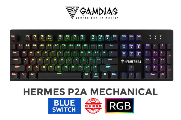 Gamdias Hermes P2A RGB Optical Mechanical Gaming Keyboard - Blue Switch / 4 Instant Lighting Effects Hotkeys / 8 Multimedia Keys / 12 Built-in Lighting Effects / 16.8 million RGB Backlighting / CortexTM-M3 Microprocessor / Aluminum Textured Front Plate / HERMESP2A