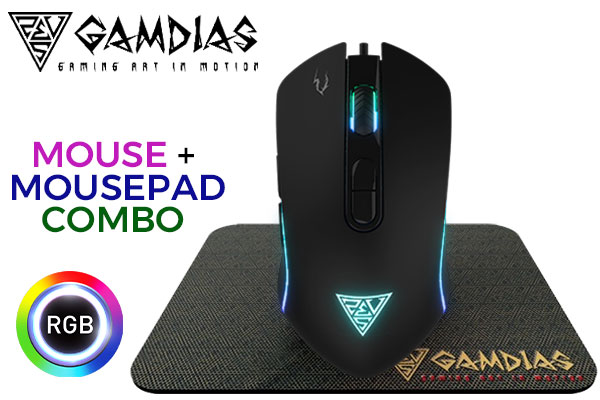 Gamdias ZEUS E3 Optical Gaming Mouse And  NYX E1 Mousepad Combo / Multi-Color Breathing Lighting / 3600 DPI / Optical Sensor / Smart Keys / Double-Layer Fabrics / Speedy & Smooth / Non-Slip / ZEUS E3