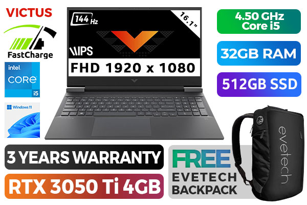 HP Victus Laptop 16-d0010ni 16.1 Windows 11 Home Intel Core i5-11400H 32GB  RAM 512GB SSD NVIDIA GeForce RTX 3050 Ti FHD Mica silver