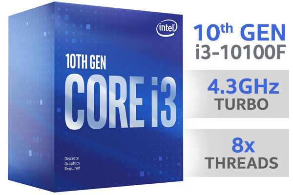 Intel 10th Gen Core i3-10100F Comet Lake up to 4.30GHz 6MB Cache LGA 1200 65W BX8070110100F Desktop Processor / 4x Cores / 8x Threads / Intel Optane Memory Support / Enhanced Intel SpeedStep Technology / Intel Virtualization Technology (VT-x) / Require 400 Series Chipset Motherboard (Z490,B460,H470, H410) / No Integrated Graphics