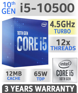 Intel 10th Gen Core i5-10500 Comet Lake up to 4.50GHz 12MB Cache LGA 1200 65W BX8070110500 Desktop Processor / Intel UHD Graphics 630 / 6x Cores / 12x Threads / Intel Optane Memory Support / Enhanced Intel SpeedStep Technology / Intel Virtualization Technology (VT-x) / Intel vPro Technology
