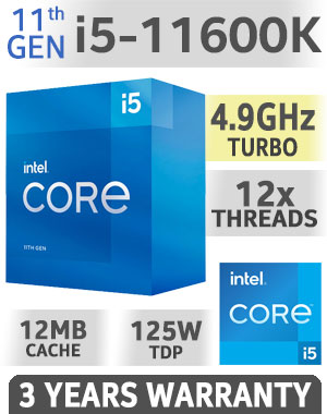 Intel 11th Gen Core i5-11600K Rocket Lake-S up to 4.9GHz 12MB Cache LGA 1200 65W BX8070811600K Desktop Processor / Intel Optane Memory Support / Enhanced Intel SpeedStep Technology / Intel Virtualization Technology (VT-x) / Intel® UHD Graphics 730 / Require 500 Series Chipset MB (Z590,B560,H570)