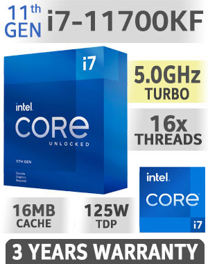 Intel 11th Gen Core i7-11700KF Rocket Lake up to 5.0GHz 16MB Cache LGA 1200 95W BX8070811700KF Desktop Processor / Intel Optane Memory Support / Enhanced Intel SpeedStep Technology / Intel Virtualization Technology (VT-x) / Intel® UHD Graphics 730 / Require 500 Series Chipset MB (Z590,B560,H570)