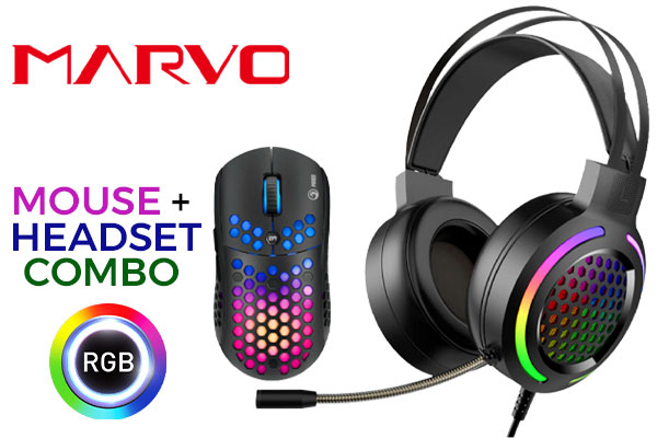 MARVO MH01BK RGB Headset & Mouse Combo / Optical Sensor / Supports up to 6.400 DPI / 3 Million Clicks / 6 Programmable Buttons / Weight: 76g / MH01BK