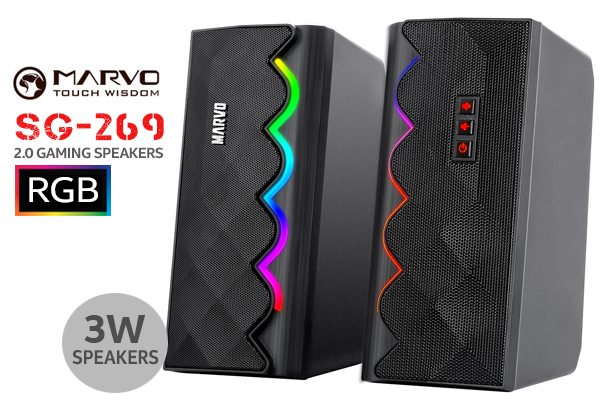 MARVO SG-269 2.0 Stereo LED Gaming Speakers / 3.5mm Audio Jack / Wired Audio Mode And Wireless Mode / 14-Color Lighting With Rainbow Effects / Volume Control / 2x 3W Speakers / SG-269