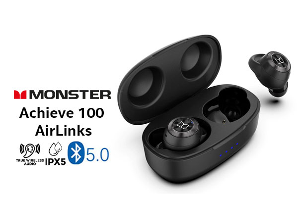 Monster Achieve 100 AirLinks Wireless In-Ear Headphones - Black / Monster True Wireless Earbuds Bluetooth 5.0 with Portable Charging Case, Bluetooth in-Ear Headphones Delivers Deep Bass, IPX5 Water Resistant Design for Sports / MH11901