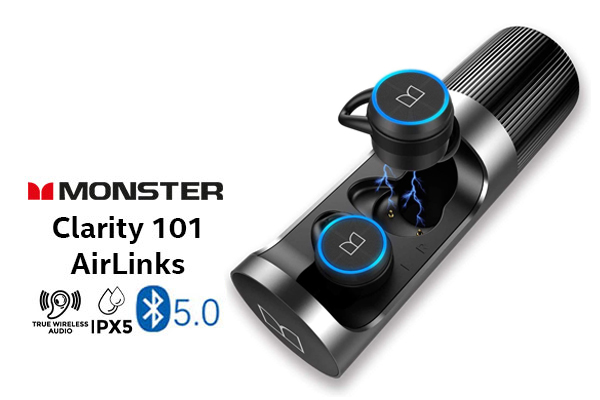 Monster Clarity 101 AirLinks Wireless In-Ear Headphones - Black / IPX5 Waterproof, Bluetooth Earbuds 5.0, Up to 25 Hours with Fully Charged Case, Bluetooth Headphones Built-in Mic, Truly Wireless Headphones with Deep Bass for Sport, Lightweight Design and Snug fit /  MH21902