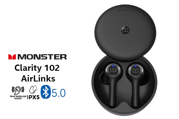 Monster Clarity 102 AirLinks Wireless In-Ear Headphones - Black / Up to 30h Playtime, IPX5 Water-Resistant Earbuds, Bluetooth 5.0 in-Ear Headphones with Wireless Charging Case, TWS Earphones Built-in Dual Mic for Clearer Hands-Free Call, True Wireless Earbuds  / MH21901