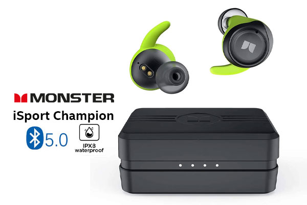 Monster iSport Champion Wireless In-Ear Headphones - Black / Up to 100h Playtime / IPX8 Waterproof / Bluetooth 5.0 Auto Pairing Headphones with Charging Case / AptX Stereo Bass Sound / CVC 8.0 Noise Cancellation / USB-C Fast Charging / MH11903