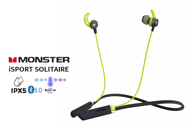 Monster iSport Solitaire Lite High-Performance Wireless Sports - Green / SecureFit and SportClip / Noise Reduction Microphone / IPX5 Weather Resistance / Charging Time - 1.5 hours, 10 Hours Playtime per full Charge / MH11906GR