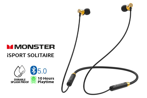 Monster iSport Solitaire Plus High-Performance Wireless Sports Headphones - Black/Gold / Bluetooth connection / Magnetic Earbuds When not in use / Clear Call Quality / Durable and Splash Proof / Charging Time - 1.5 hours, 10 Hours Playtime per full Charge / MH12007GLD