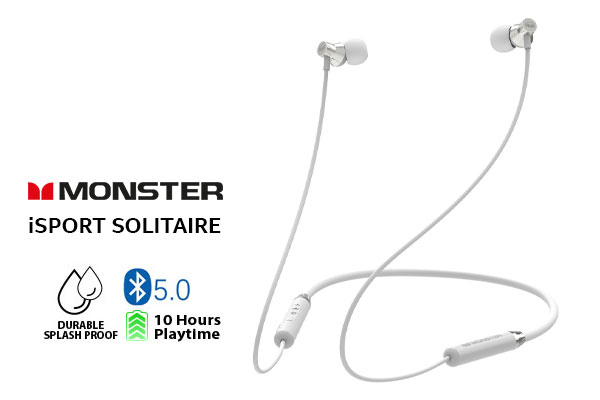 Monster iSport Solitaire Plus High-Performance Wireless Sports Neckband Headphones - White / Bluetooth connection / Magnetic Earbuds When not in use / Clear Call Quality / Durable and Splash Proof / Charging Time - 1.5 hours, 10 Hours Playtime per full Charge / MH12007WT