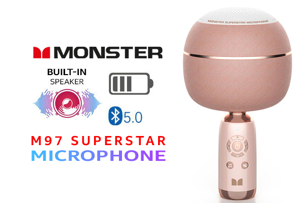 Monster M97 Superstar Dynamic Karaoke Microphone - Pink / Microphone Has 26W Peak Power / Bluetooth 5.0 / True Wireless Stereo / 3 Different Sound Effects / 1 Button for Song Vocal Elimination / M97PNK