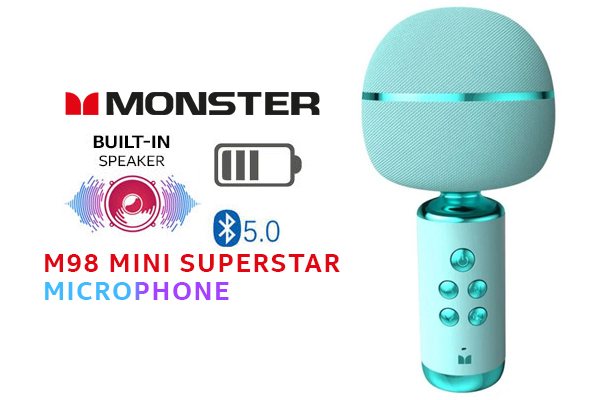 Monster M98 Superstar Mini Karaoke Microphone - Blue / Pure monster Sound / Bluetooth Speaker / 360 Surround Sound / Multi Sound Effects / M98WT