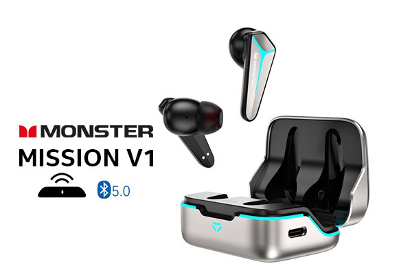 Monster Mission V1 Wireless In-Ear Headphones - Gun Gray / Built-in Microphone / Noise Cancellation / Cool Lighting Designed / Quick Wireless Charging / 48ms Ultra Low Latency / MH72004-GUN