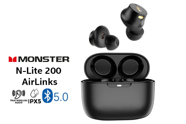 Monster N-Lite 200 AirLinks Wireless  In-Ear Headphones - Black / Monster True Wireless Earbuds Bluetooth 5.0 with Portable Charging Case / Immersive Bass Sound / IPX5 Water Resistant Design for Sports / MH12003