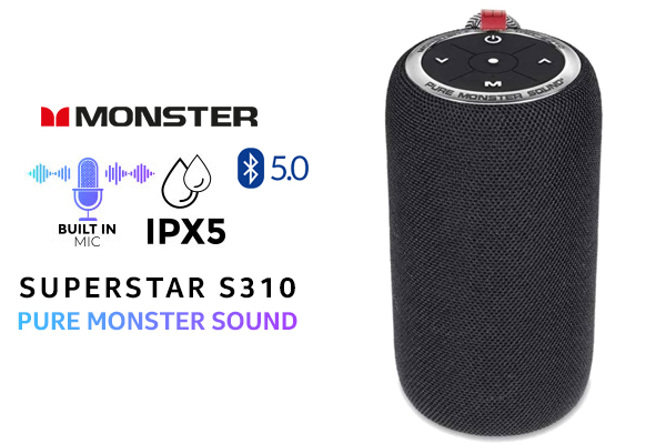 Monster Superstar S310 Wireless Bluetooth Speaker - Black / Portable Bluetooth Speakers 5.0 with TWS Pairing Deliver Rich Bass, Dynamic Stereo Sound, Built-in Mic, Wireless Speakers for Home or Outdoor Use, IPX5 Water Resistance Wireless speaker / MS11902