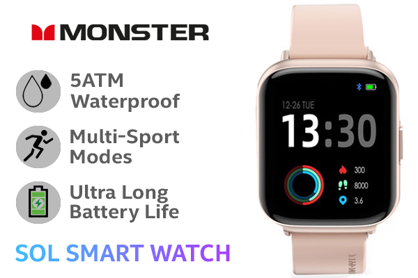 Monster SOL Smart Sports Watch - Pink / Fitness Tracker / HD Amoled Touch Colour Display Fitness Watch with Heart Rate Monitor / 5ATM waterproof Smartwatch, 12 Sports Modes, Fitness Watch, Pedometer, Sleep Monitor / Stopwatch for Men and Women / MW215001PK / 10079709731