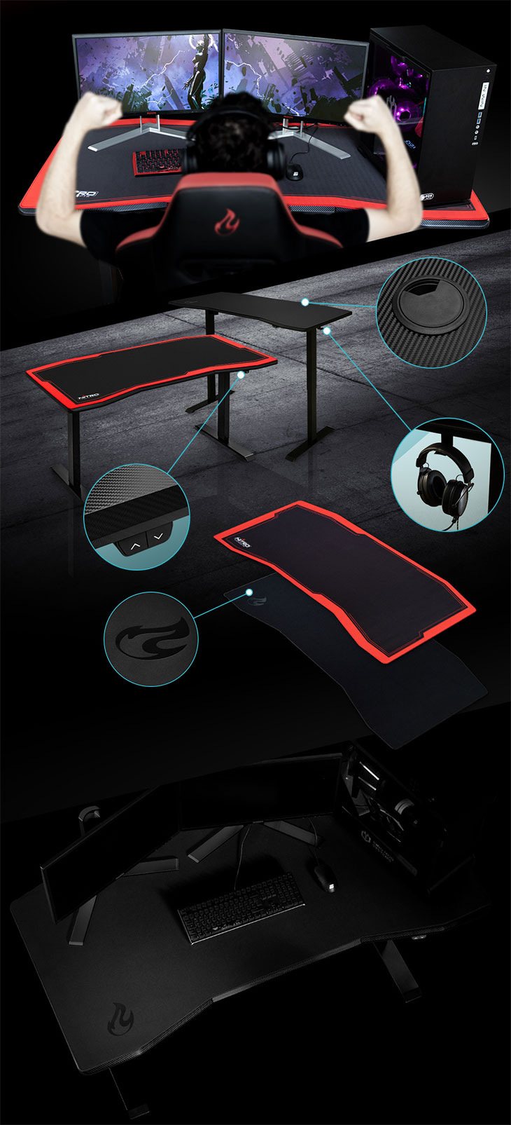 Nitro Concepts D16e Electric Adjustable Sit Stand Gaming Desk Carbon Black