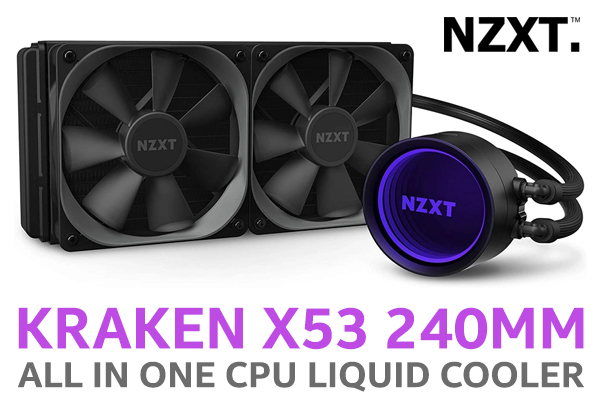 NZXT Kraken X53 240mm RGB All In One CPU Liquid Cooler / Stunning Visual Effects / Customizable Lighting Effects / Larger Infinity Mirror Ring LED / Dual 120mm PWM Fans / 240mm Radiator / Copper Cold Plate / 10% Bigger LED Ring Allows for More Vivid RGB / RL-KRX53-01