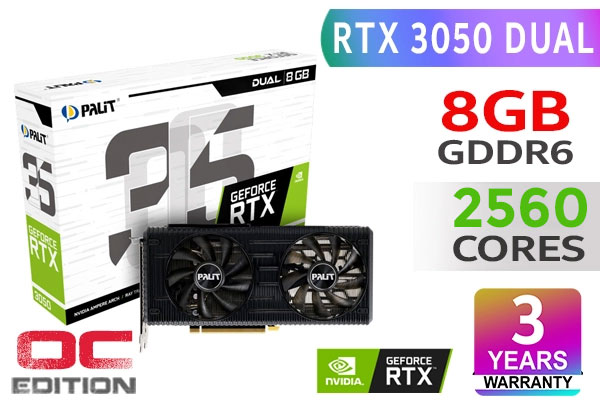 Palit GeForce RTX 3050 DUAL OC 8GB GDDR6 Gaming Graphics Card / 2560 Cuda Core / 128-bit Memory Interface / Boost Clock : 1777MHz / Incredibly Fast Frame Rates / New Streaming Multiprocessors / NE63050T19P1-190AD