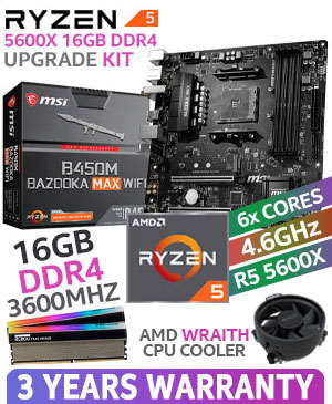 AMD RYZEN 5 5600X B450M Bazooka Max WiFi 16GB RGB 3600MHz Upgrade Kit - MSI B450M Bazooka Max WiFi USB 3.2 AM4 RYZEN Motherboard + AMD RYZEN 5 5600X 35MB Cache Up to 4.6GHz CPU + KLEVV CRAS XR RGB 16GB (2 x 8GB) 3600MHz DDR4 Desktop Memory