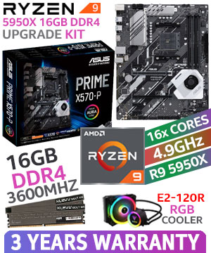 AMD RYZEN 9 5950X Prime X570-P 16GB 3600MHz Upgrade Kit - ASUS Prime X570-P Ryzen Motherboard + AMD RYZEN 9 5950X 72MB GameCache Up to 4.9GHz CPU + KLEVV BOLT XR 16GB (16GB x 1) 3600MHz Memory + Gamdias Chione E2-120R AIO CPU Liquid